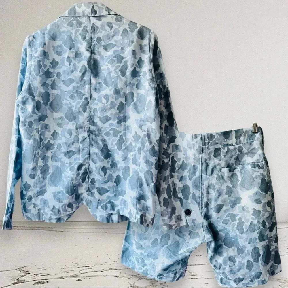 Japanese Linen Mens Blue Camouflage 2pc Matching Set Blazer and Short Size M